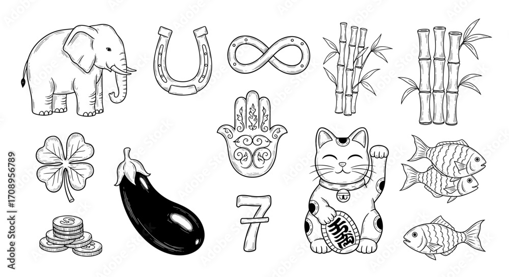 Fototapeta premium Assorted luck symbols featuring elephant, horseshoe, cat, fish, and other good fortune items