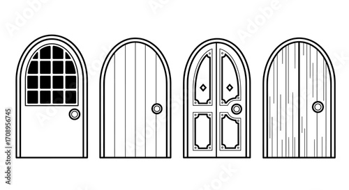 Illustrated arched doorways showcasing various designs and panel arrangements in a row format