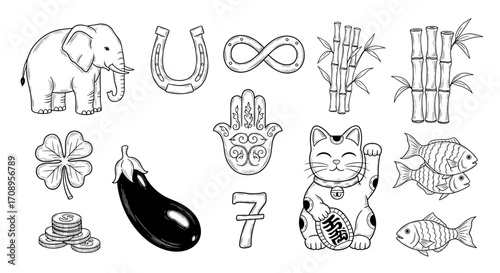 Assorted luck symbols featuring elephant, horseshoe, cat, fish, and other good fortune items