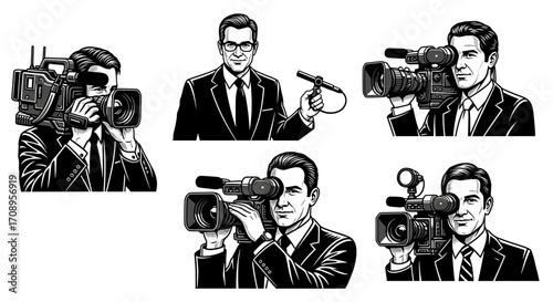 Illustrations of news reporters and cameramen with video cameras and microphones in suits