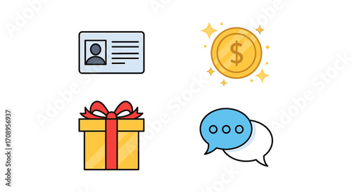 Illustration showing id card, gold coin, gift box and speech bubbles isolated on a white space