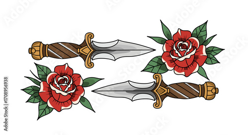 Two daggers with ornate handles positioned above and below two red roses with green leaves