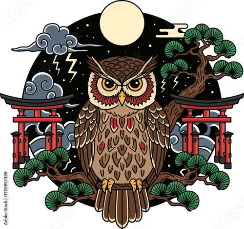 An illustration of an owl perched on a branch with Japanese torii gates and a full moon.