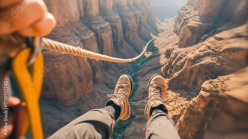 A thrilling first-person view of legs hanging from a rope swing, looking down into a breathtakingly deep canyon