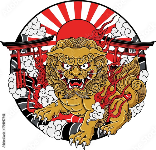 A fierce golden lion-dog guardian, known as a Shishi, stands guard in front of a rising sun and traditional Japanese torii gates, surrounded by stylized clouds and flames.