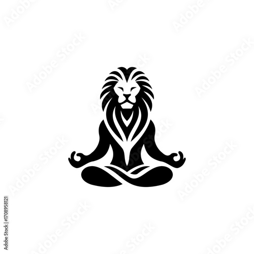 Abstract vector illustration of a meditating lion in lotus pose, ascetic lion logo