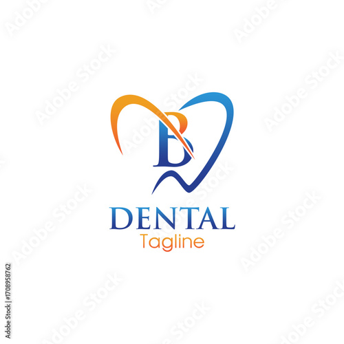 Modern dental logo featuring a stylized letter “B” inside a heart-shaped tooth outline, combining blue and orange for a professional and friendly appeal.