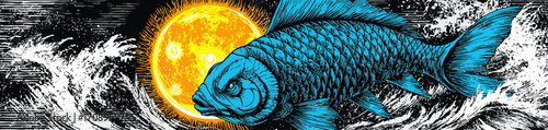 Vibrant Blue Koi Fish Swimming in Abstract Ocean Waves with Glowing Sun – Japanese Art Style Vector Illustration