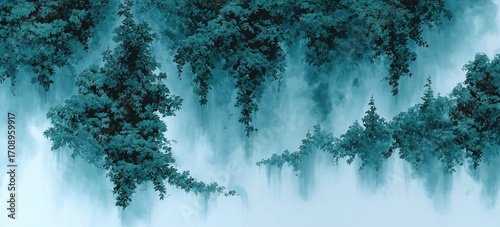 Mystical Blue Forest Landscape with Mist and Lush Foliage, Dreamy Nature Background for Posters, Prints, and Digital Art