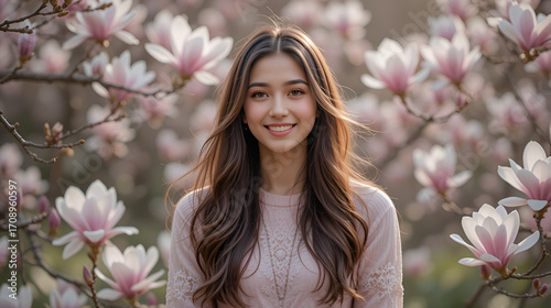 Spring portrait of happy woman standing on background Magnolia blossoming flowers. Spring season