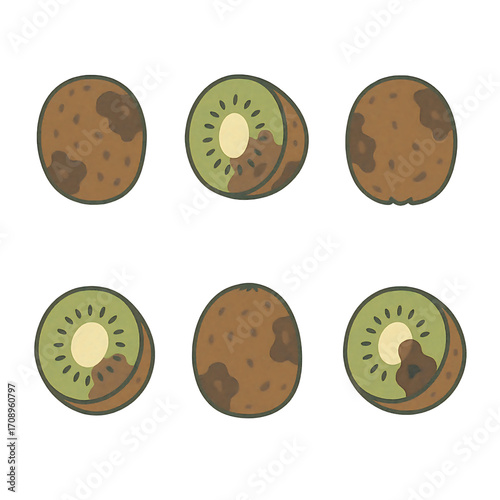 Rotten Kiwi Cute Cartoon Vector Illustration, Kiwi Decay Stages Flat Minimalist Vector Icons, Spoiled Kiwi Fruit Hand Drawn Food Waste Illustration
