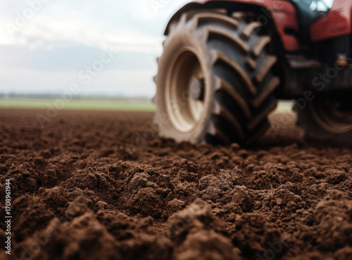 Close up of rich brown soil in a furrow, with a large tractor tire blurred in the background, highlighting texture, depth, and everyday farming work.