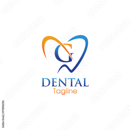 Modern dental logo featuring a stylized letter “G” inside a heart-shaped tooth outline, combining blue and orange for a professional and friendly appeal.