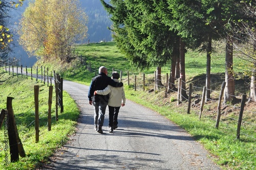 Elderly Couple Walking on Country Road, for Love - Themed Design, Elderly Life Materials, Natural Atmosphere Creation
