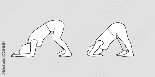Two simple line drawings of a person performing a downward facing dog yoga pose on a plain background