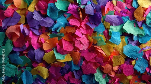 Close-up view of confetti pieces in vibrant colors