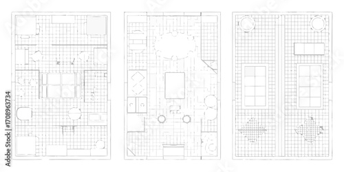 Architectural floor plan sketches of three different interior spaces with furniture and room layouts in white line art style