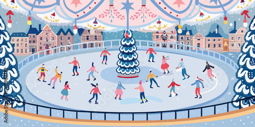 Charming winter scene of people ice skating around a decorated christmas tree in a festive town square