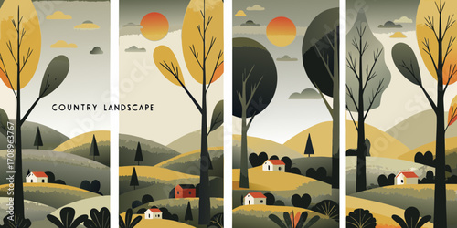 Stylized countryside landscape with rolling hills trees and houses at sunset