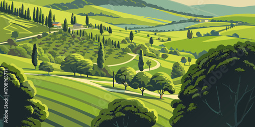 Stylized illustration of rolling green hills with cypress trees and winding paths under a clear sky