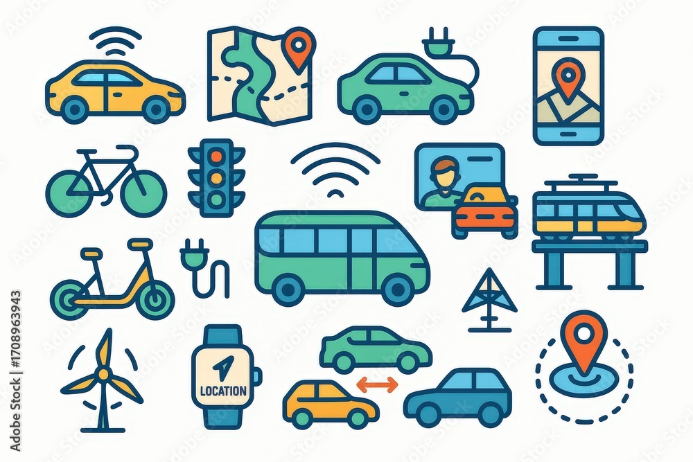 Naklejka premium Comprehensive representation of diverse transportation modalities featuring electric vehicles, bicycles, public transit, and navigation technology illustrating modern mobility dynamics and