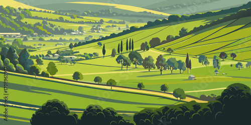 Idyllic rolling green hills with a small village nestled in the valley under a warm sunny sky