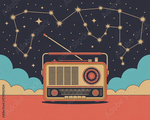Vintage radio with constellation on night sky, a symbol of music and stars