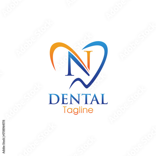 Modern dental logo featuring a stylized letter “N” inside a heart-shaped tooth outline, combining blue and orange for a professional and friendly appeal.