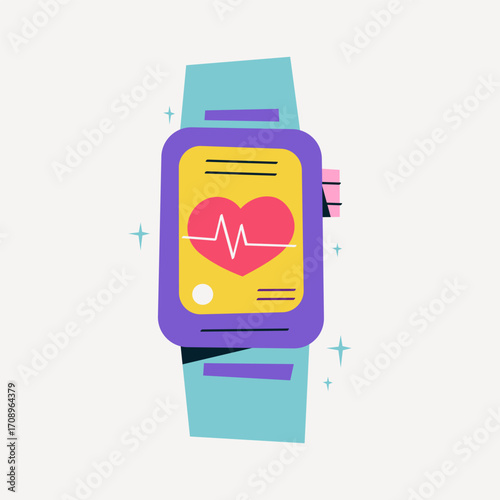 Vector smartwatch with heart rate monitor in bright flat style on white background. Perfect for fitness, health tracking, workout, sport, and modern lifestyle design