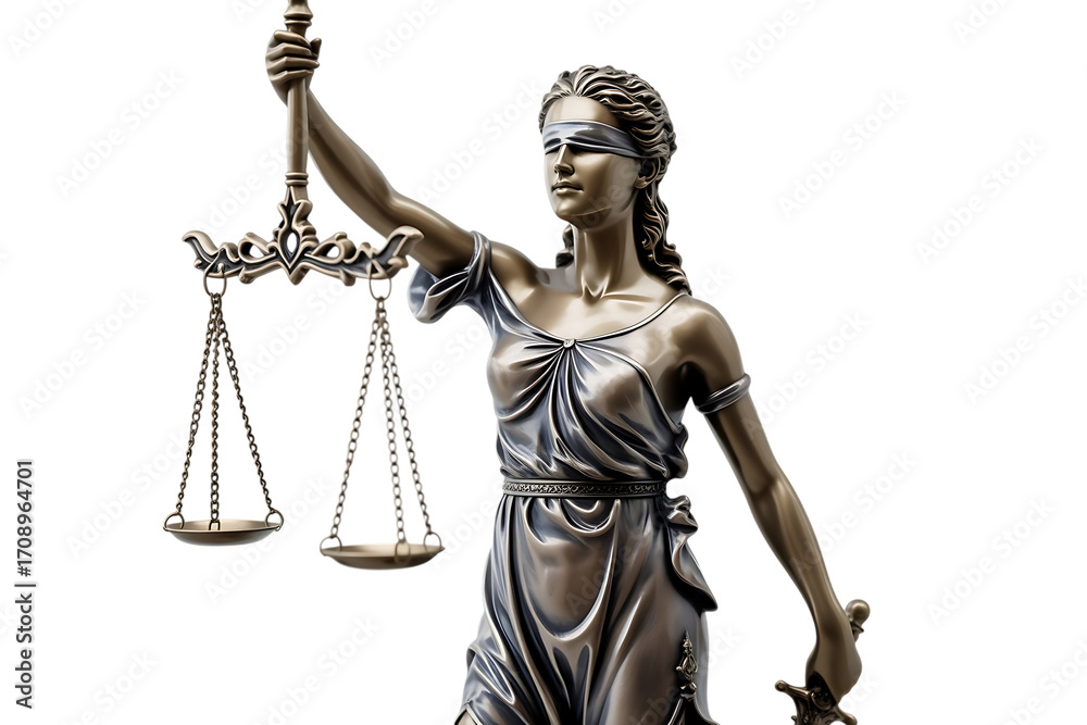 Obraz premium Bronze Statue of Lady Justice Blindfolded Holding Scales and Sword legal court isolated on a transparent background