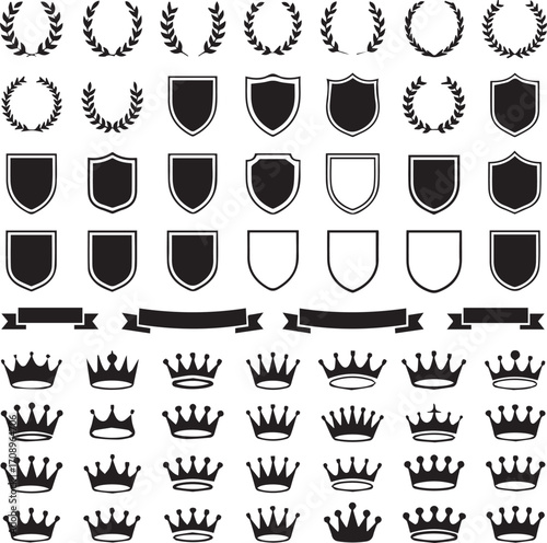 vintage laurel wreath and shield ribbon banner crown icons vector set for emblem badge logo design