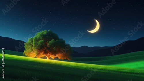 Fototapeta Naklejka Na Ścianę i Meble -  A serene, night-time landscape showcases a large tree illuminated by an ethereal glow, set against a backdrop of rolling hills and a crescent moon.
