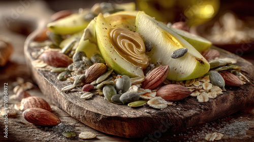 A plate of food with nuts and fruit on a wooden board. The plate is full of different types of food, including apples, nuts, and seeds. Concept of abundance and variety, as well as a healthy