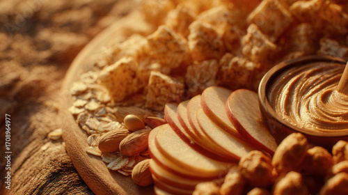 A plate of food with a variety of nuts and apples. The apples are sliced and the nuts are scattered around the plate. There is also a jar of peanut butter on the plate. Scene is casual and inviting