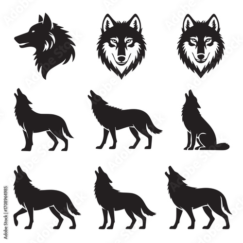 wolf silhouette design icons grid layout ai eps jpeg png featuring howling standing sitting head profile wildlife vector pack