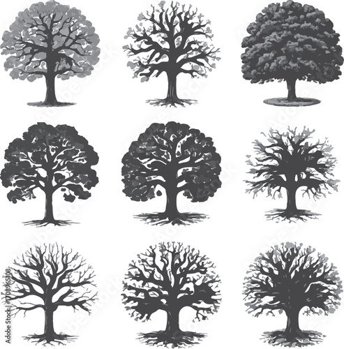 vector tree silhouettes 3x3 grid botanical illustration set for graphic designers and educators