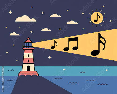 A lighthouse shining music notes into the night sky with clouds and stars