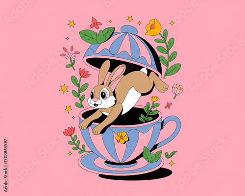 Cute bunny jumping out of a teacup with flowers on a pink background