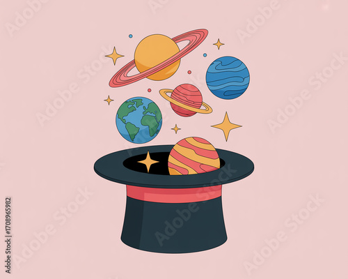 Planets and stars emerging from a magicians hat on a pink background