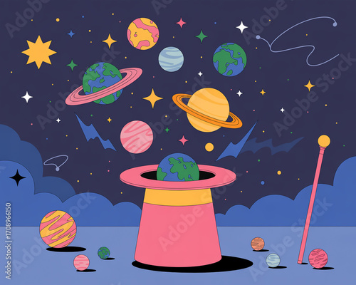 Magical hat with planets and stars floating in the night sky illustration