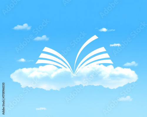 Open book on a cloud against a blue sky, symbolizing online education