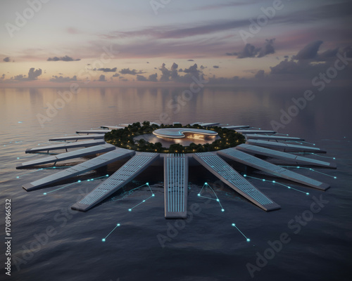 Futuristic floating city on the ocean at sunset, a sustainable utopia concept