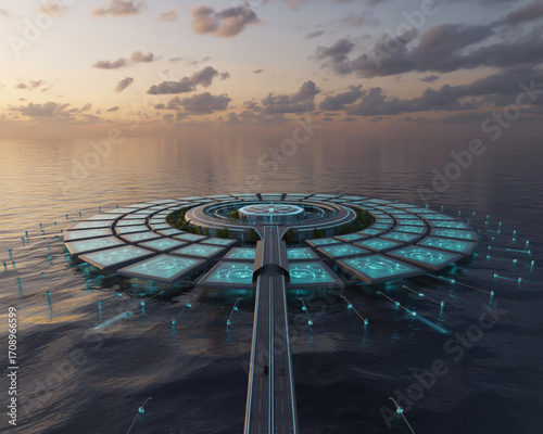 Futuristic offshore city concept with bridge at sunset, a sustainable habitat