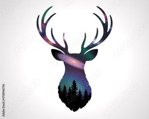 Deer silhouette with galaxy and forest isolated on white background