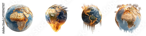Planet Earth Facing Global Warming and Climate Change Catastrophes From Different Angles isolated on transparent background.