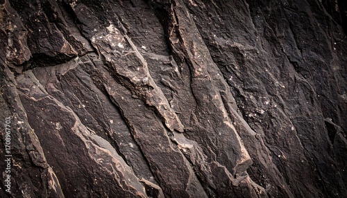 Dark, textured rock face with layered, striated formations