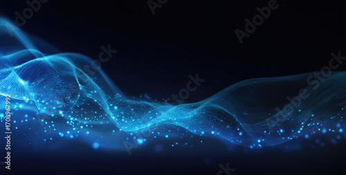 Dynamic wave of glowing blue particles and lines flows across dark background, creating sense of motion and energy. abstract design evokes futuristic and technological atmosphere