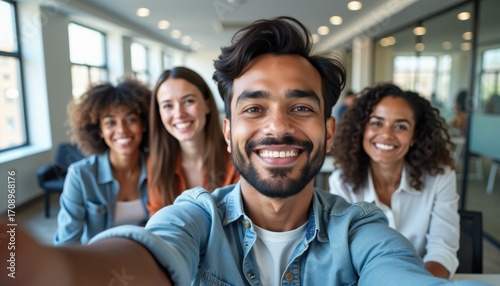 Group of friends smiling for a selfie in modern office environment  