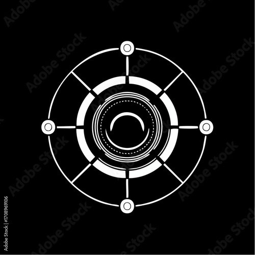 Futuristic circular HUD interface with concentric rings and targeting markers on a dark background, representing advanced technology and data visualization.