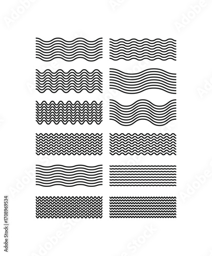 Waves line set. Wave ornament pattern. Set of wavy zigzag lines. Wave thin line background. Wave lines vector set for backgrounds, borders, dividers, or patterns. Editable vector graphic